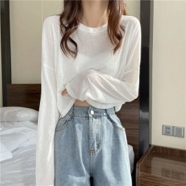 Long Sleeve Thin Crop Top Summer Knitted Ice Silk Sunscreen Blouse Women's Fashion Loose White Tops