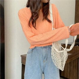 Long Sleeve Thin Crop Top Summer Knitted Ice Silk Sunscreen Blouse Women's Fashion Loose White Tops