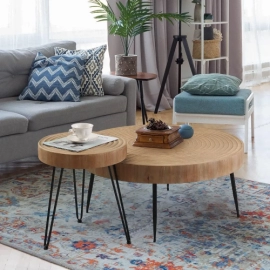 Round Coffee Table Set of 2, Cocktail Table Set, Modern Circle Natural Wood Finsh Side and End Table Sets